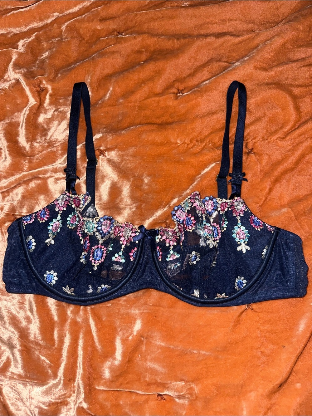 Victoria's Secret Navy Sheer Underwire Bra with Multicolor Floral Embroidery